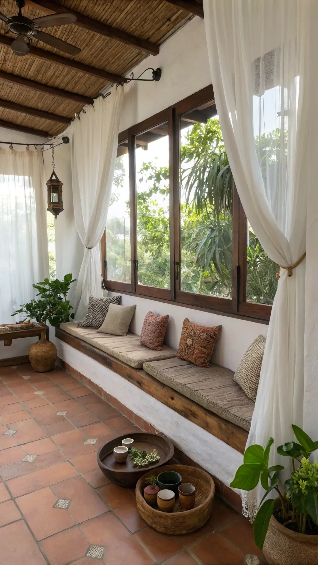 Meditation corner with floating teak bench, earth-toned cushions, brass incense holders, ceramic bowls, and plants, with light filtering through sheer curtains