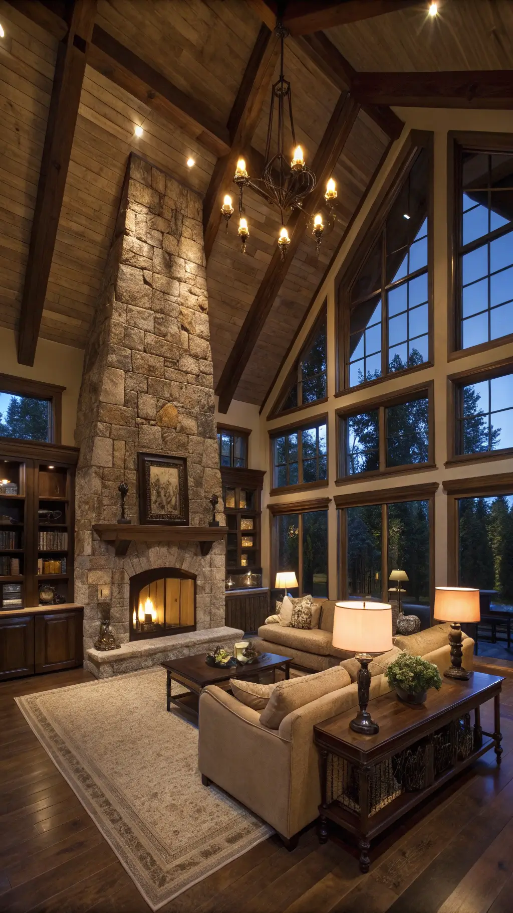 Dramatic dusk image of a spacious great room with vaulted ceilings, stone fireplace, oak built-ins and beige sectional, complete with layered lighting capturing moody ambiance.