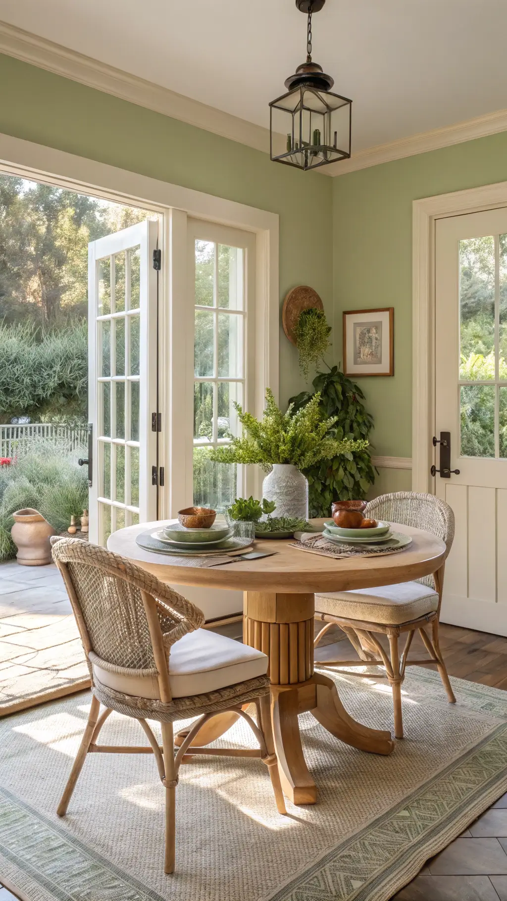 Morning golden light flooding a 14x16ft breakfast nook with garden view through open French doors, featuring a bleached oak round table with rattan chairs, handmade pottery, woven placements, and fresh greenery against a sage green accent wall.