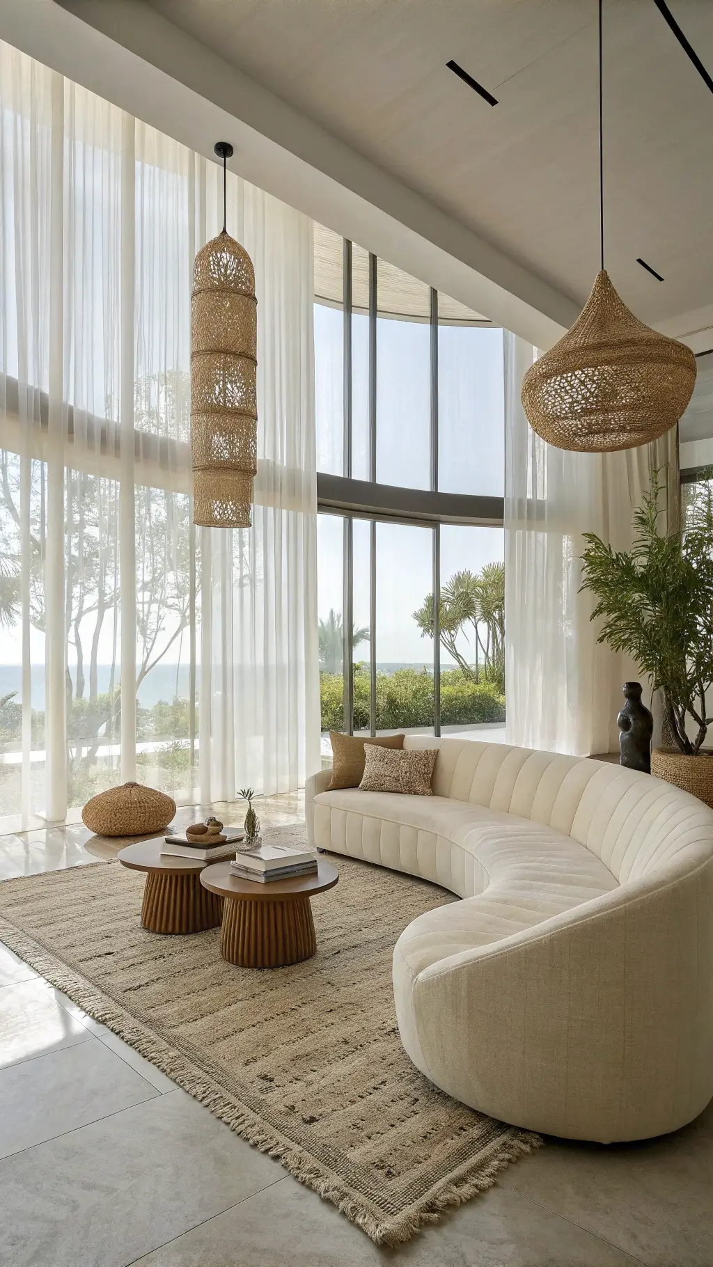 Minimalist living space with floor-to-ceiling windows, curved ivory bouclé sofa, travertine coffee tables, Moroccan rug, pendant lights, and ceramic sculptures at midday light