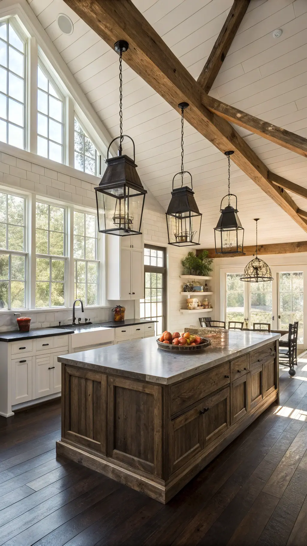 Sunlit farmhouse kitchen with exposed wooden beams, large windows, a large weathered wood island with black iron pendant lights, white shiplap walls, dark hardwood floors, and hanging vintage copper pots.