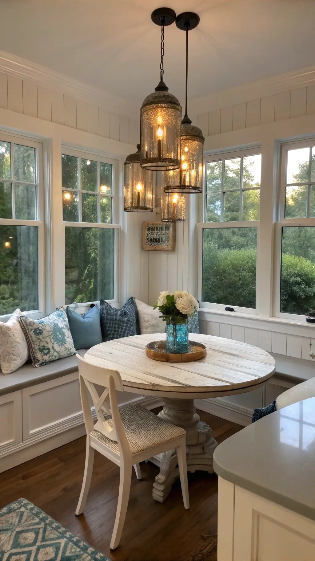 Intimate breakfast nook with bay window, mason jar pendant lights, farmhouse table, Belgian linen cushions on bench seating, hydrangeas, and vintage enamelware in a palette of blues, creams, and grays.