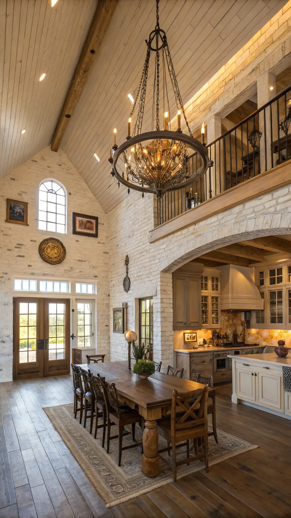 Vintage-inspired grand farmhouse kitchen-dining space with dramatic high ceilings, large distressed wood chandelier, whitewashed brick walls, and warm afternoon light filtering through floor-to-ceiling windows.