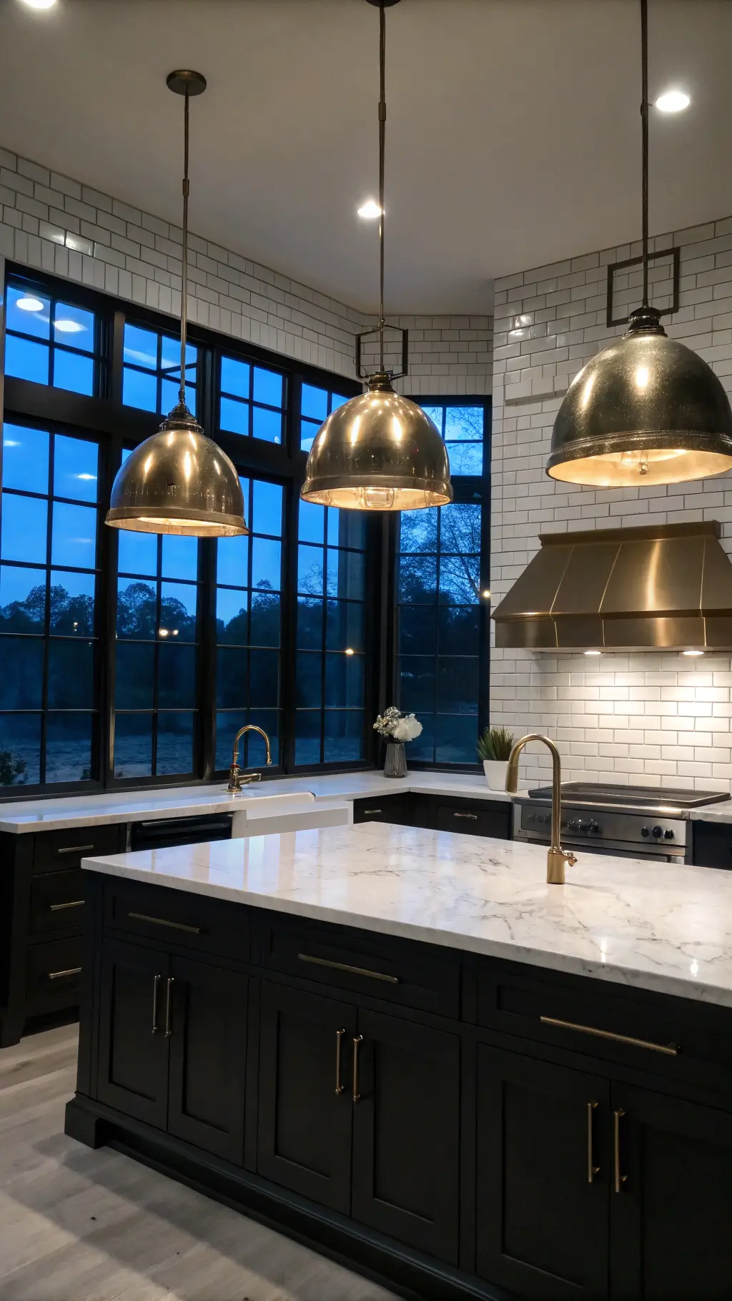 Modern farmhouse kitchen with industrial style black windows, glowing brass pendant lights over marble-topped island, contrasting matte black cabinets and white brick backsplash in twilight blue hour lighting