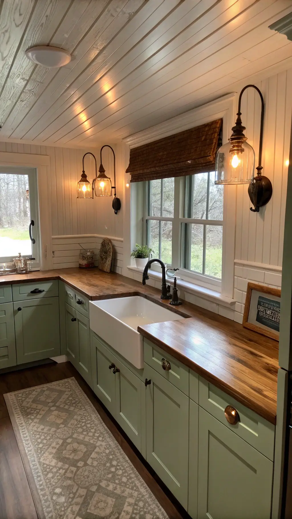 Cozy galley kitchen with sage green cabinets, butcher block counters, beadboard ceiling, and vintage-inspired wall sconces. Features copper accents and warm, intimate, early evening ambient lighting.