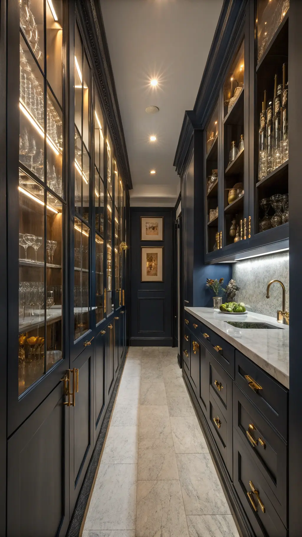 Butler's pantry corridor featuring navy cabinets, marble counters, antique brass library lights illuminating vintage glassware collection, under ambient LED strip lighting creating a tunnel effect with a moody evening atmosphere.