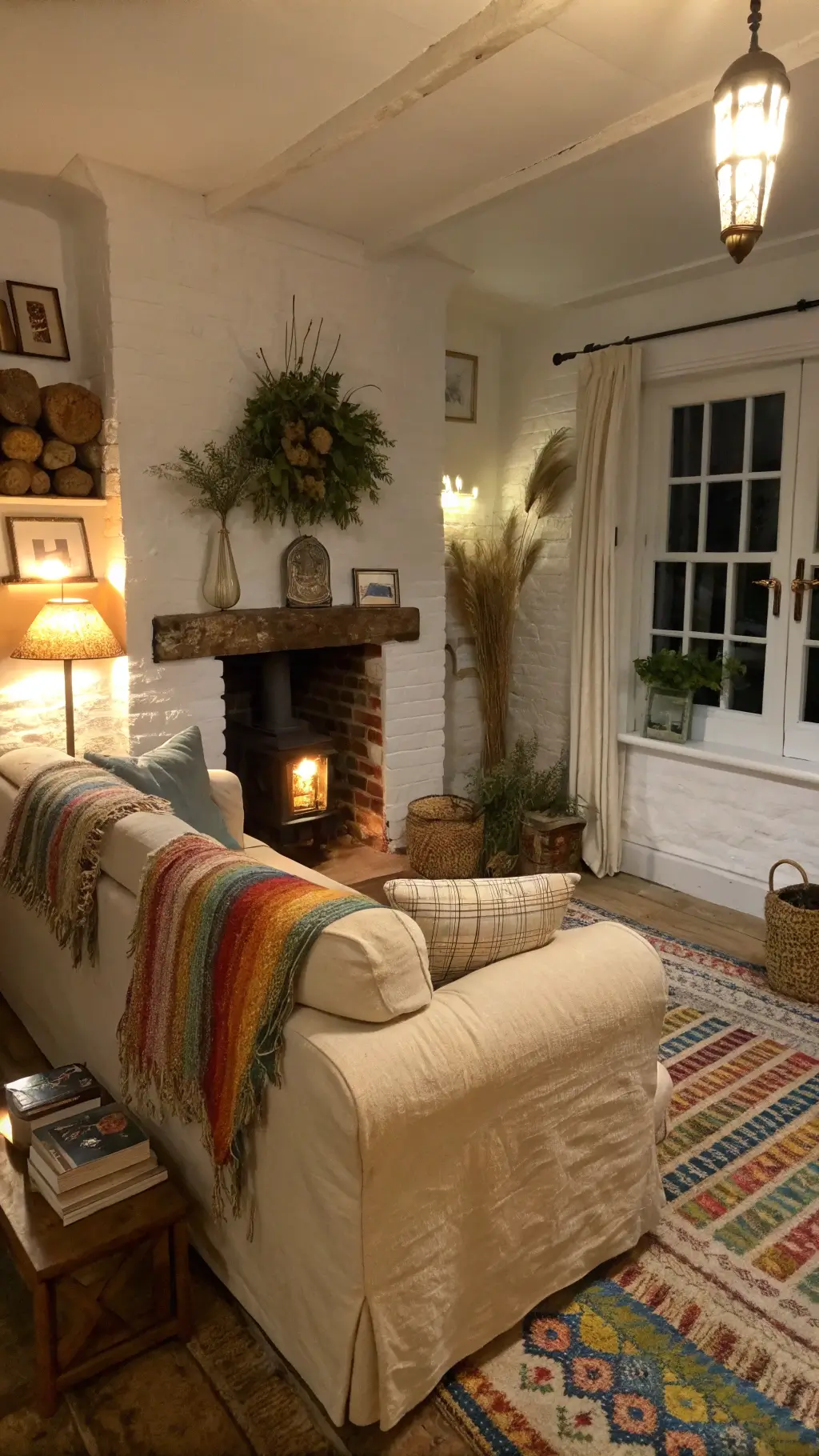 Cozy 12x14ft cottage living room at dusk, with cream sofa covered in hand-knitted throws and vintage brass floor lamp illuminating ceramic vases with wild grasses, near a whitewashed brick fireplace with stacked logs and ivy.