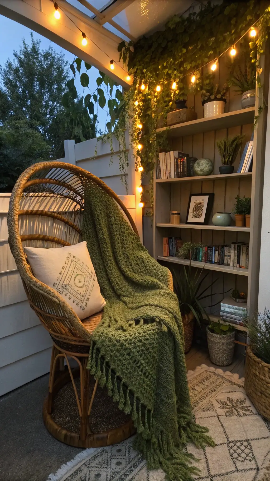 Cozy reading nook at twilight featuring a vintage rattan peacock chair with green blanket, surrounded by shelves with ceramics and pothos plants, illuminated by warm fairy lights.