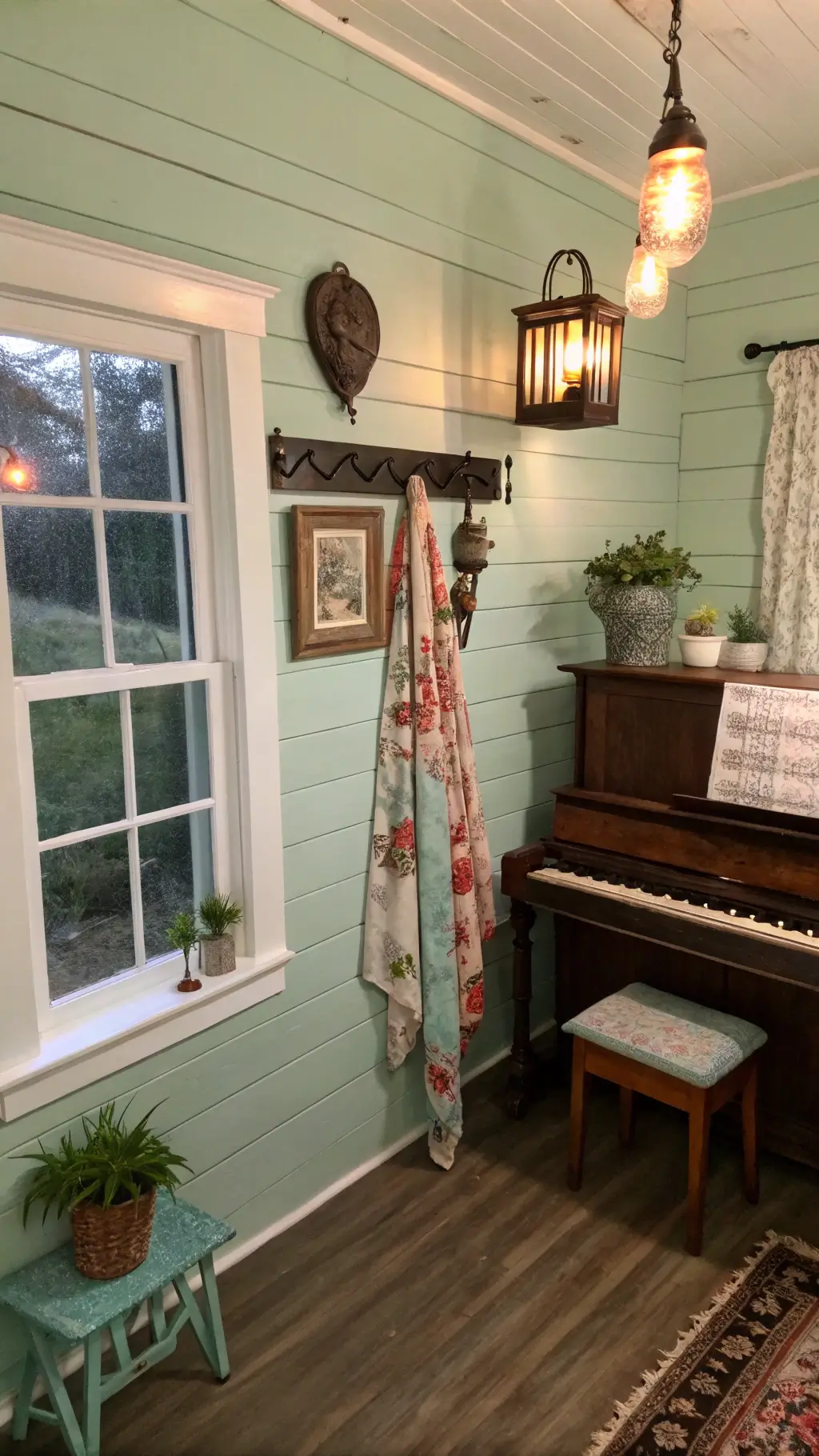 Twilight interior of a rustic country entry with mint green beadboard wall, vintage piano stool with boots, hanging lanterns illuminating pottery, embroidered linens, and window box herbs casting shadows on worn floorboards, seen from above.