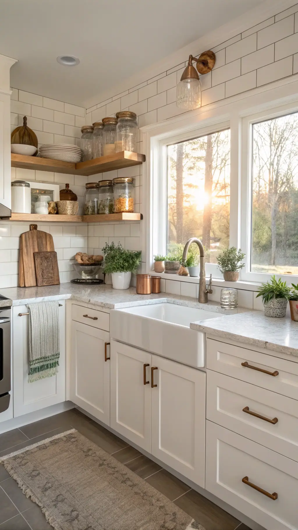 Sunny 8x10ft kitchen with white shaker cabinets, marble countertops, copper canisters, fresh herbs in glass jars, and wooden cutting boards on open shelves. Tea towels hanging on subway tile backsplash.