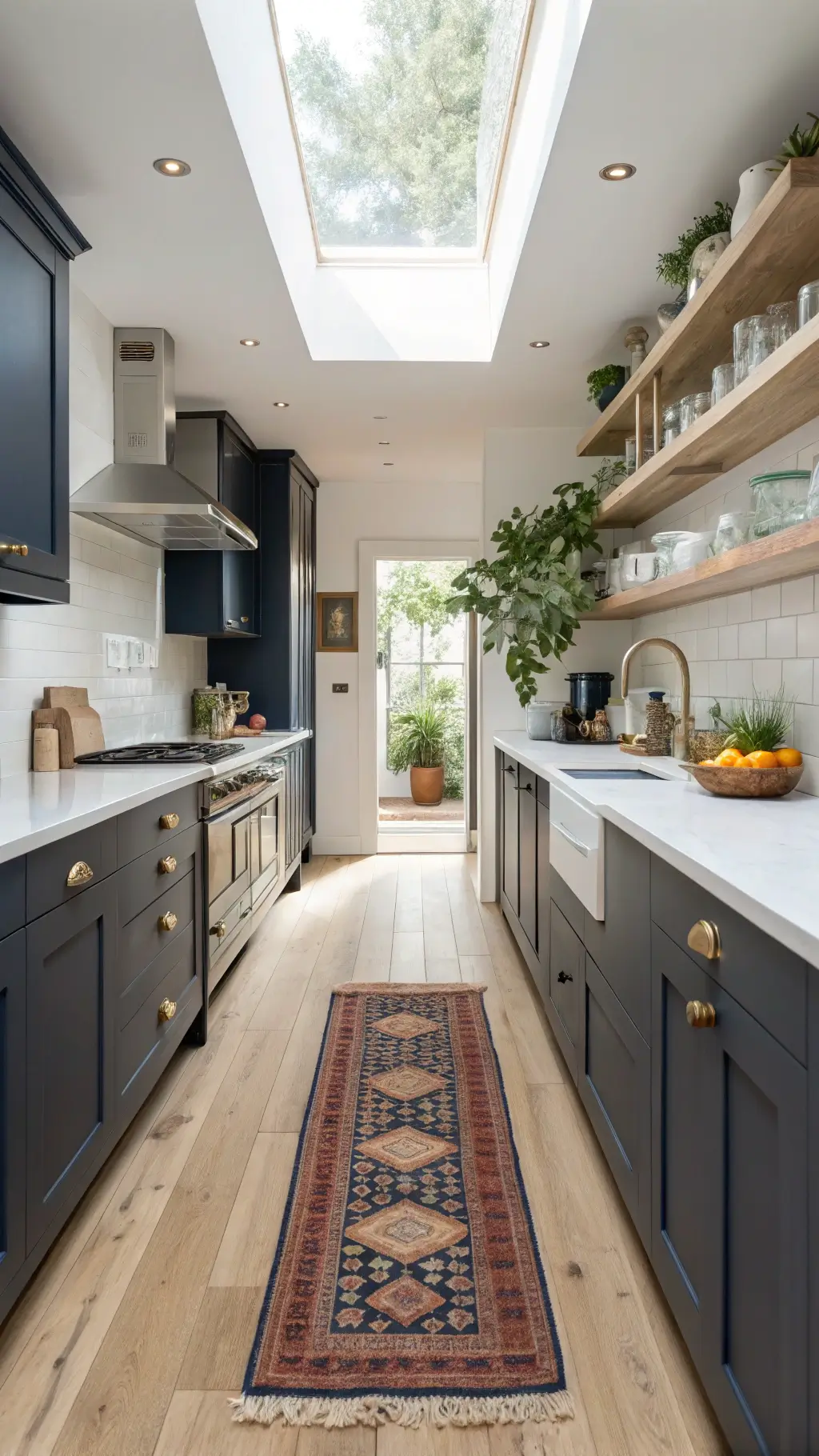 A galley kitchen featuring navy lower cabinets, bleached oak floating shelves with brass hardware, a vintage rug on white oak flooring, styled with pottery, fresh citrus, and plants, bathed in mid-morning light from a skylight.