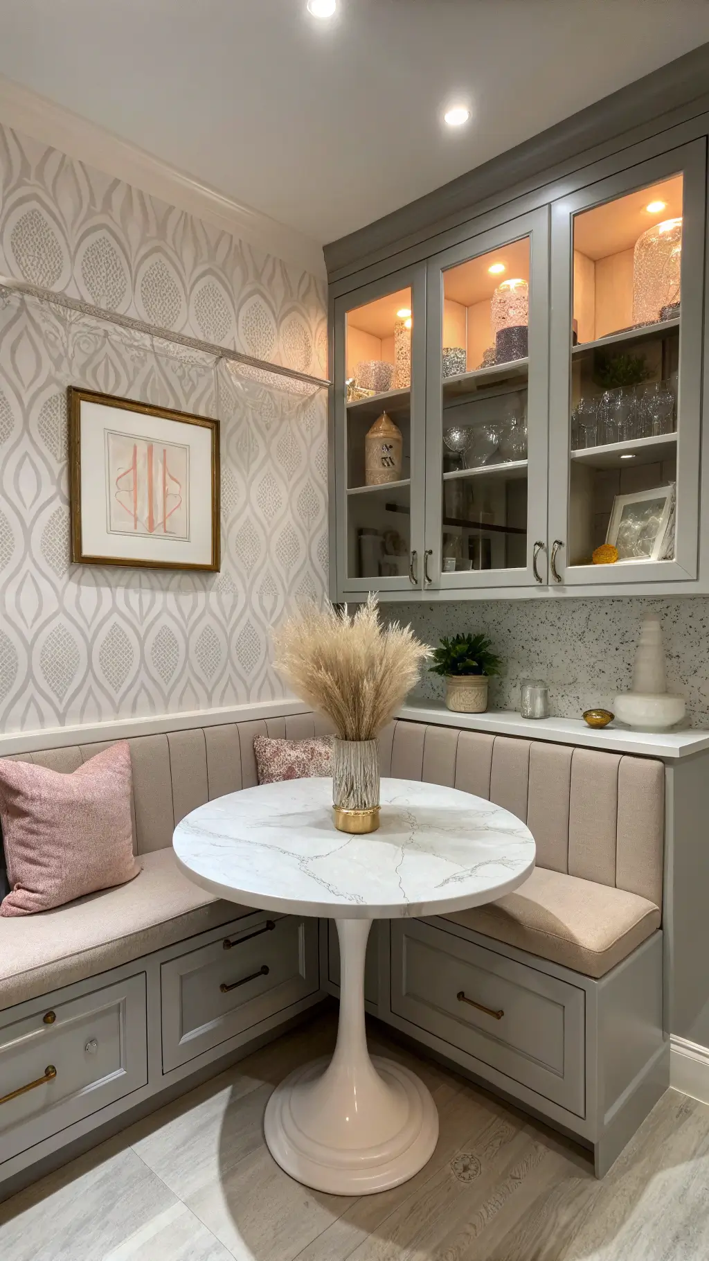 Cozy corner kitchen nook illuminated during blue hour, featuring illuminated glass-fronted gray cabinets, marble bistro table with ceramic vase and pampas grass, and blush pink accents.