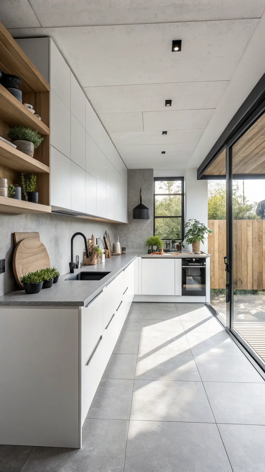 Minimalist modern kitchen with floor-to-ceiling white cabinets, concrete countertops, light oak open shelving, styled with black ceramics, steel accessories, and succulents under diffused midday light