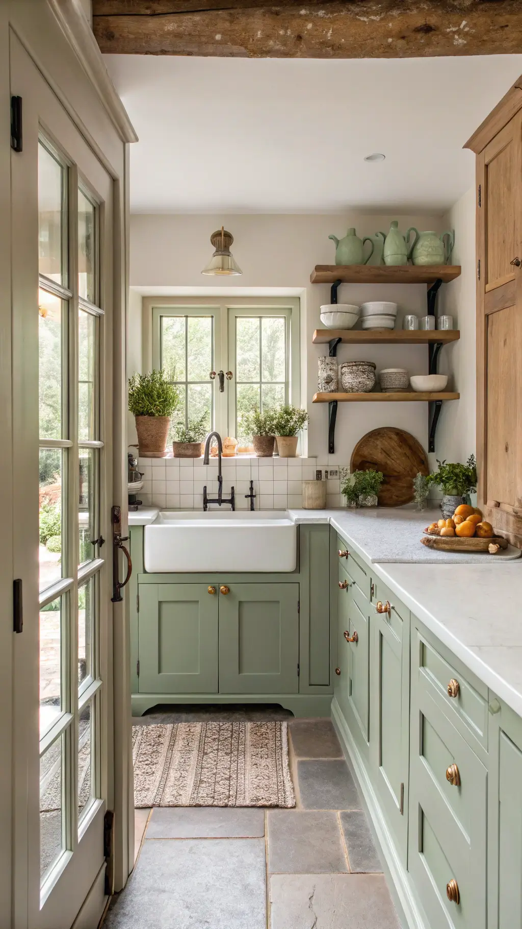 Cottage-style small kitchen with sage green cabinets, white marble counters, vintage cutting boards, potted herbs, and ironstone pitchers on open shelves in morning light