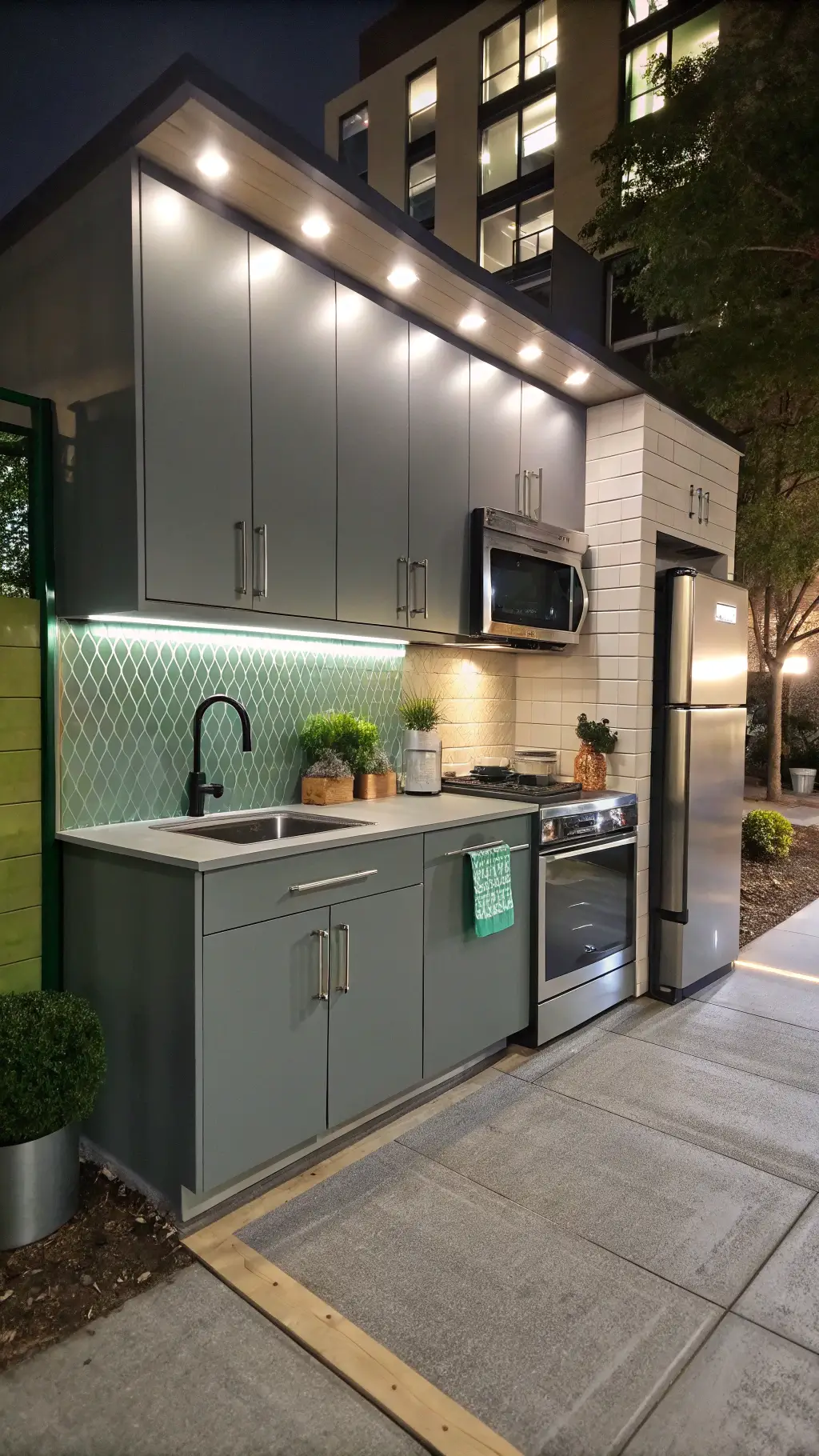 Evening shot of an urban micro kitchen with high-gloss gray cabinets, stainless steel appliances, and minimal greenery, illuminated by strategic accent lighting.