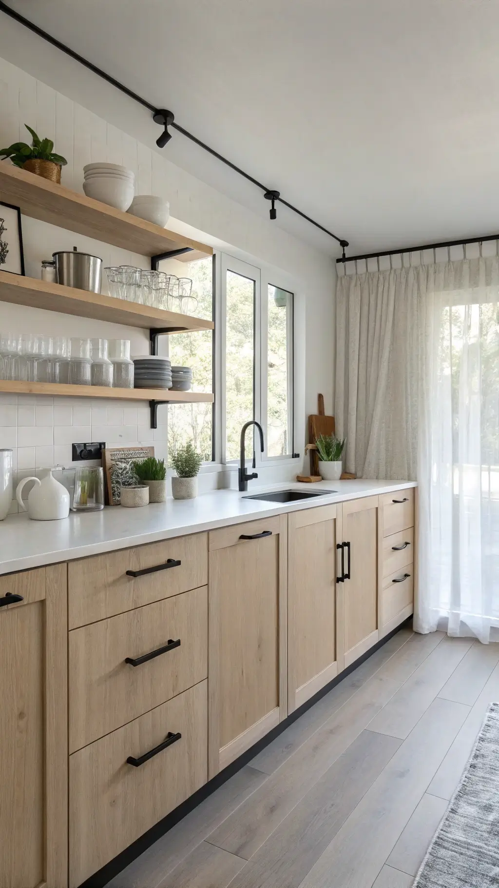 Scandinavian-inspired kitchenette with birch cabinets, white quartz countertops, and monochromatic ceramics on floating shelves, with soft grey linen curtains filtering daylight.