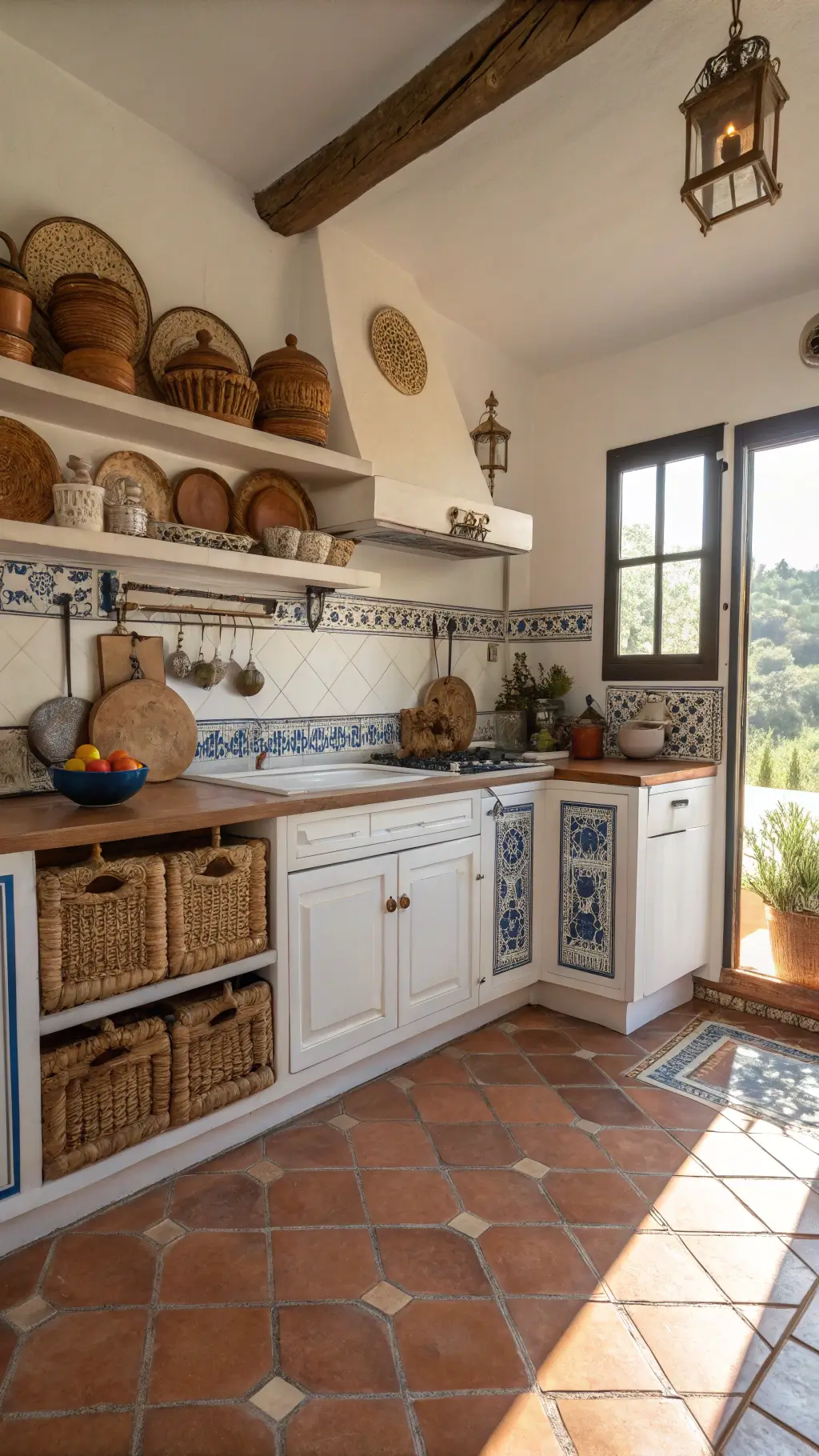 Compact Mediterranean-style kitchen with terra cotta flooring, white cabinets, open shelves with baskets and earthenware, and copper pots hanging from ceiling rack, captured in late afternoon light