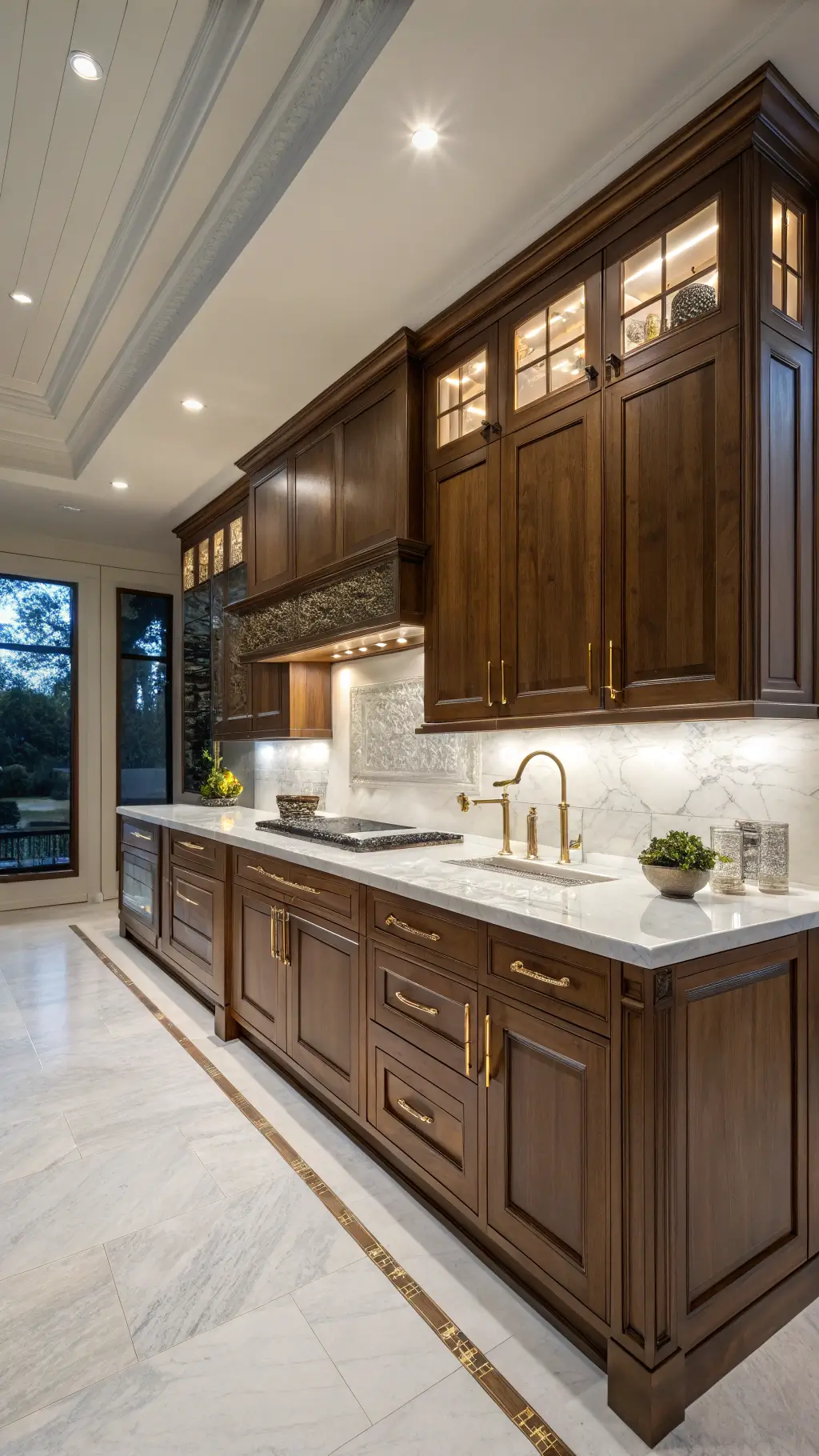 Twilight view of a luxury kitchen featuring custom walnut cabinets, ambient track lighting, brushed gold hardware, and a waterfall marble island.