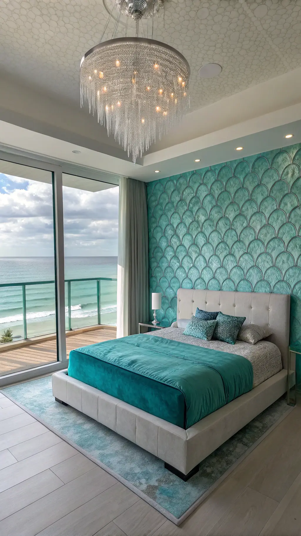 Oceanfront 16x20ft master suite with sculptural platform bed, ombré silks, fiber optic ceiling lighting, pearlescent wallpaper, and crystal chandelier, illuminated by natural light from floor-to-ceiling windows.