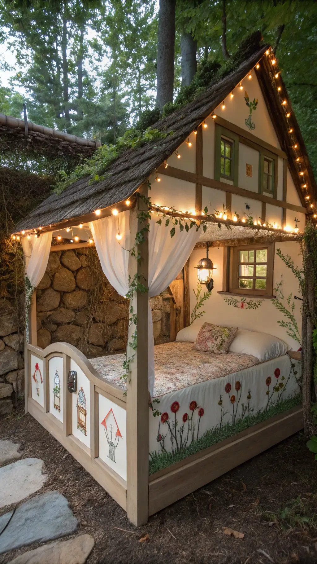 Whimsical storybook room featuring cottage-shaped bed frame with tiny windows, thatched canopy roof, silk vines, and handpainted woodland creatures, under soft glow of mushroom-shaped reading lights.