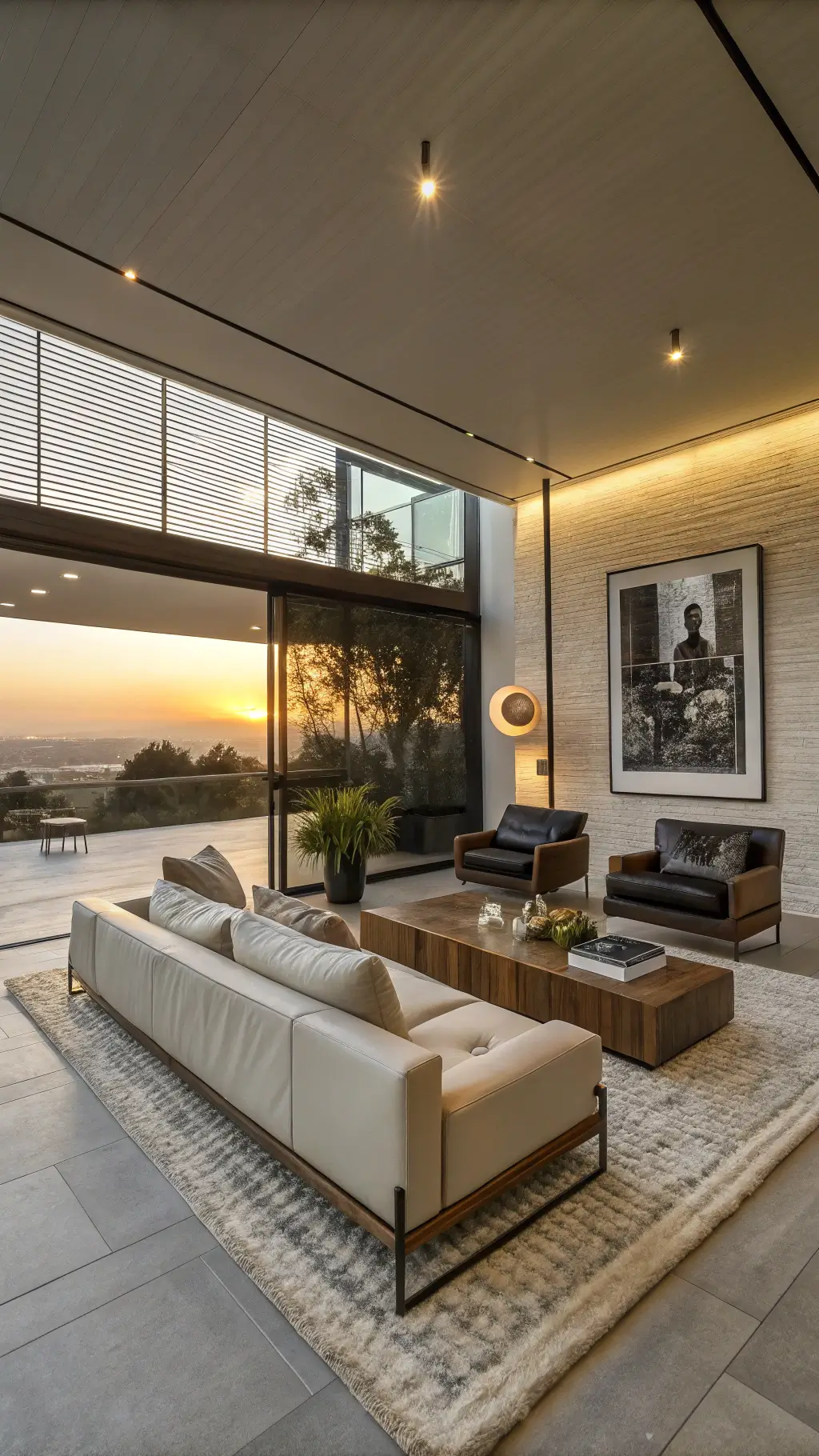 Modernist evening lounge with greige leather sofa, walnut armchairs, brass coffee table, automated sheer blinds and oversized black and white photography wall art at sunset.