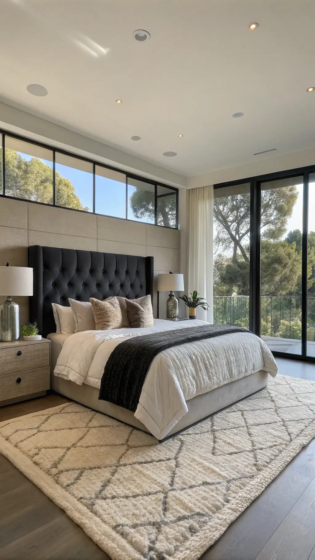 Modern minimalist master bedroom with California king bed, matte black accent wall, and floor-to-ceiling windows bathing the room in morning light