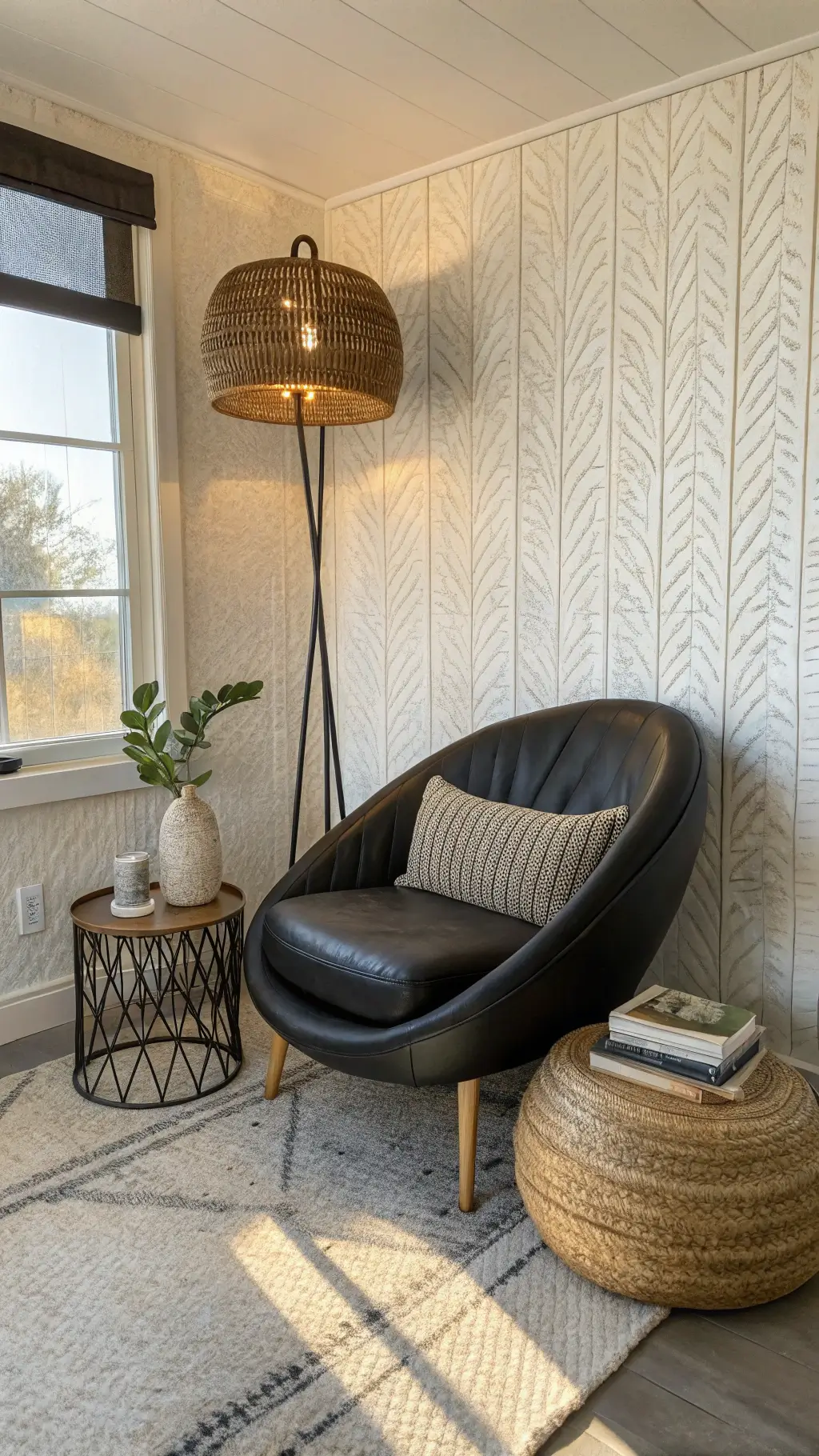 Cozy corner reading nook lit by golden hour sunlight, featuring a black leather chair, white textured wallpaper, a rattan floor lamp casting intricate shadows, layered gray wool rugs, and a metallic side table with a matte black vase.