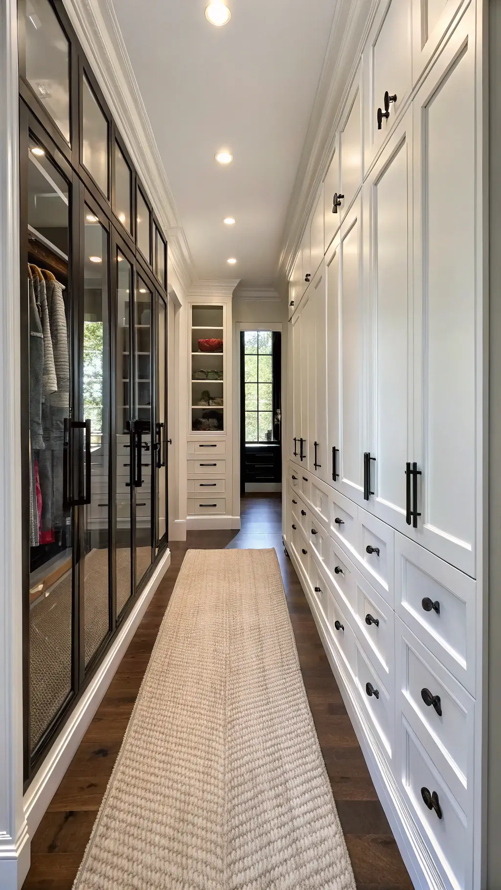 Spacious walk-in closet entrance with white wardrobes, black hardware, central oak island, sisal runner, mixed metal fixtures and glass display cases in afternoon light.