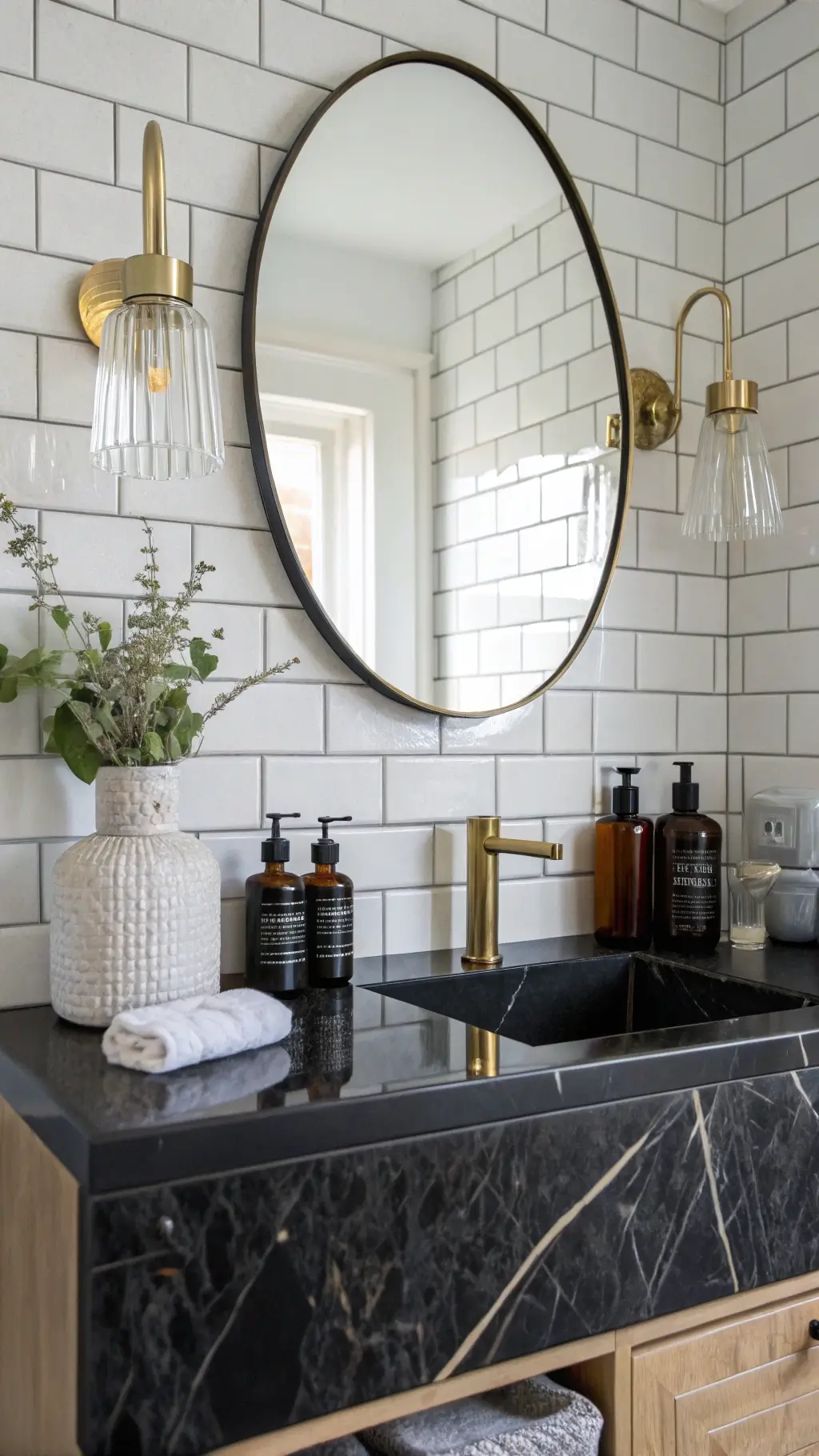 Bathroom vanity with black marble counter, white subway tile, glass sconces, minimalist round mirror and arranged bottles in morning light.