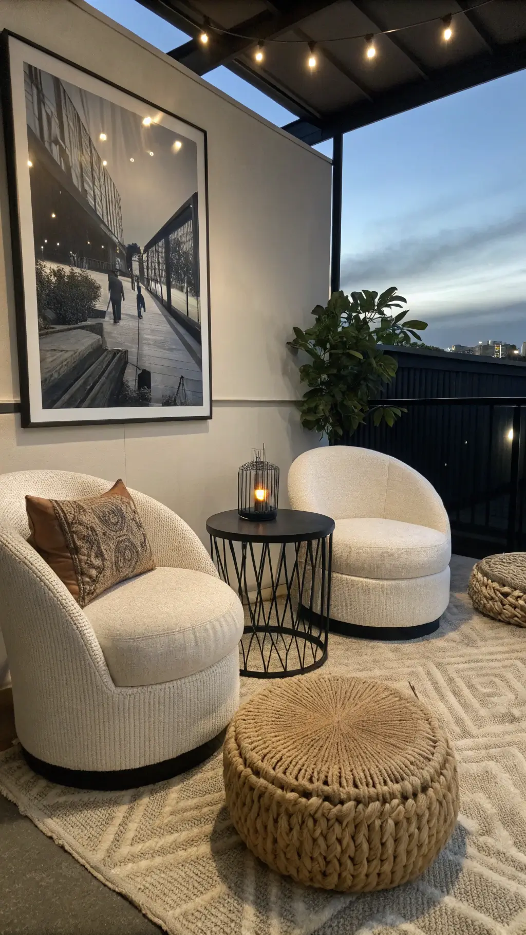 Sophisticated bedroom sitting area with white bouclé chairs, black metal table, and oversized black and white abstract photography at dusk, enhanced by a mix of natural and artificial light.