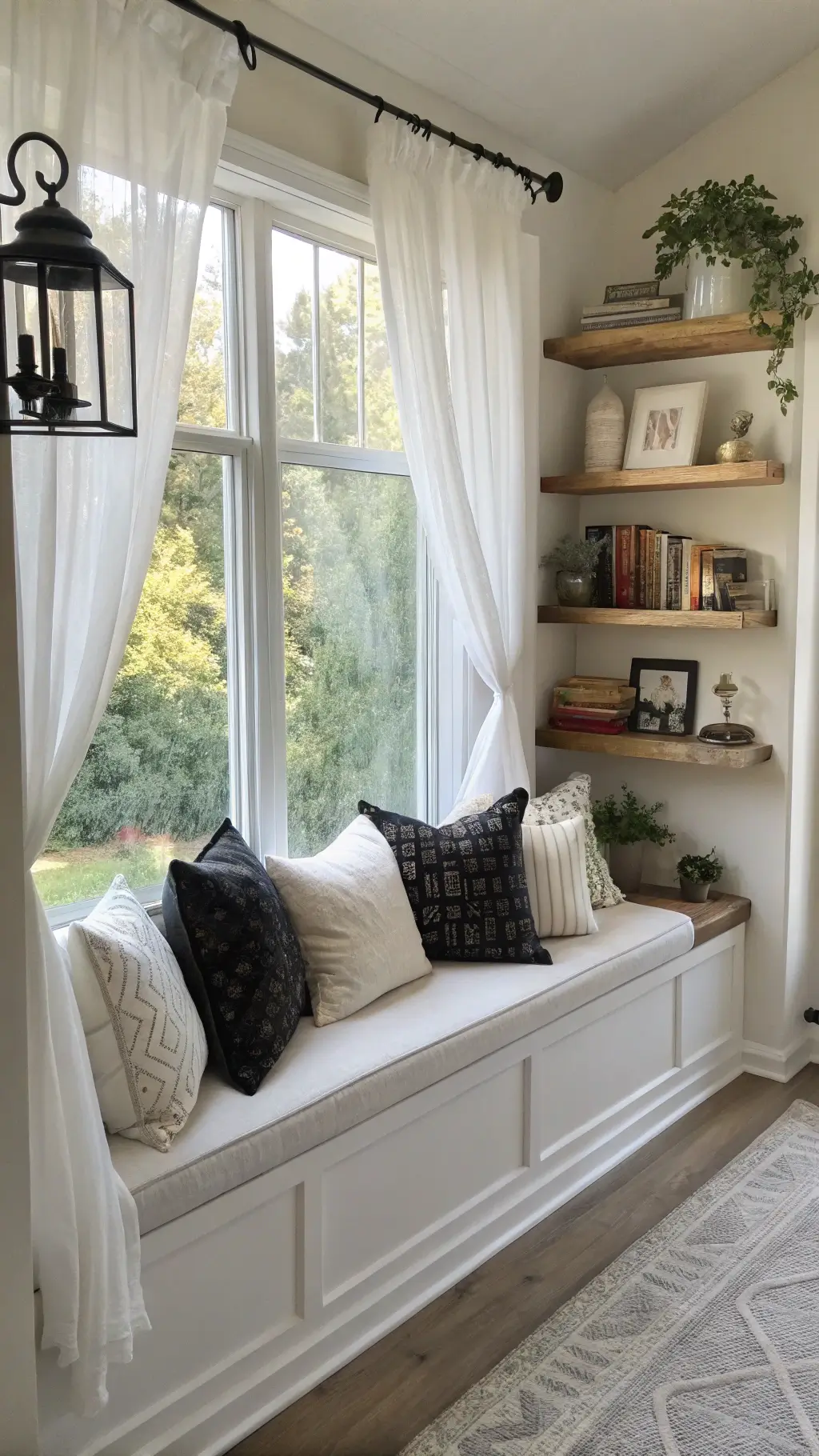 Cozy reading nook in diffused daylight with white cushions, black and ivory pillows, sheer drapes, black metal reading sconce, and floating shelves with objects