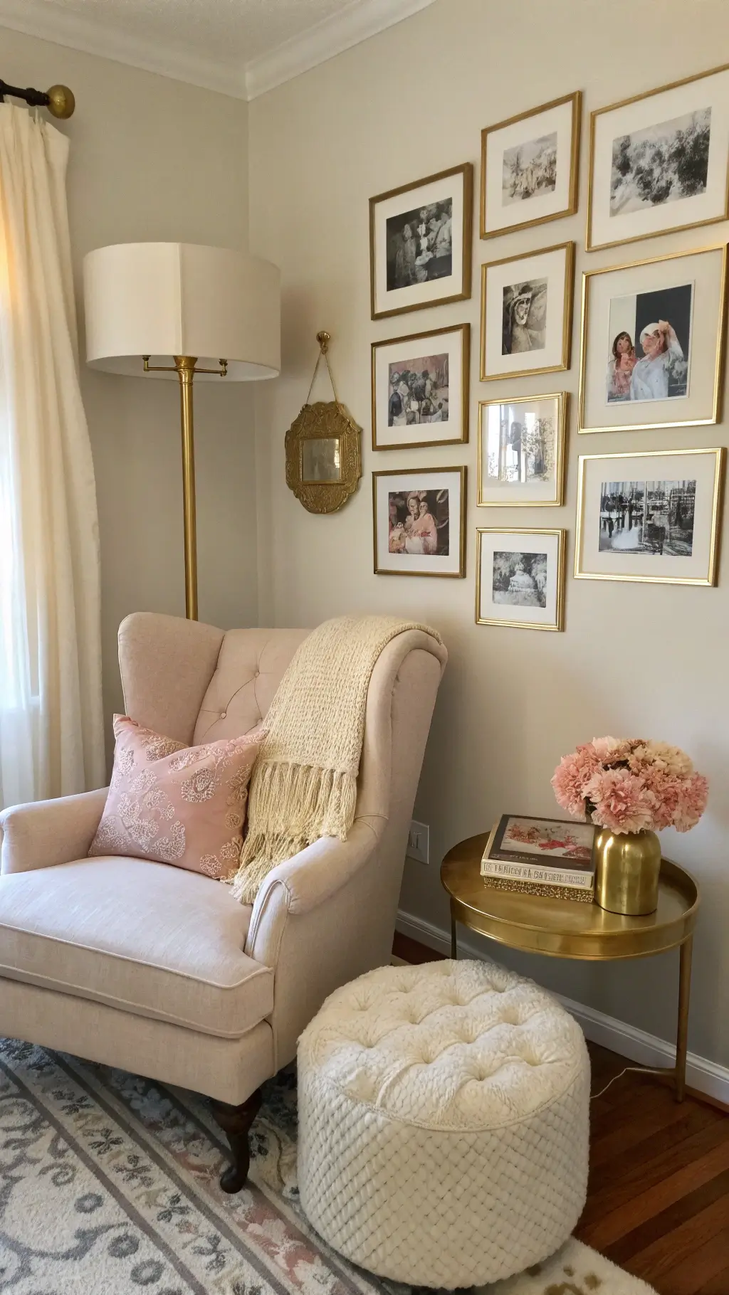 Cozy corner in a 12x14ft living room turned into a memory celebration nook, featuring a cream linen wingback chair, brass floor lamp, gallery wall with vintage gold frame and black-and-white family photos, blush velvet ottoman with a photo album, and a handwoven cream throw with tassels.