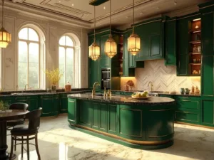 "Art Deco luxury kitchen with emerald green cabinets, black marble countertops, stepped ceiling, and warm light flooding from floor-to-ceiling windows"