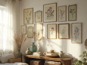 "Vintage botanical gallery on whitewashed farmhouse walls, golden sunlight filtering through linen curtains, with rustic oak table displaying vases of dried lavender and wheat."
