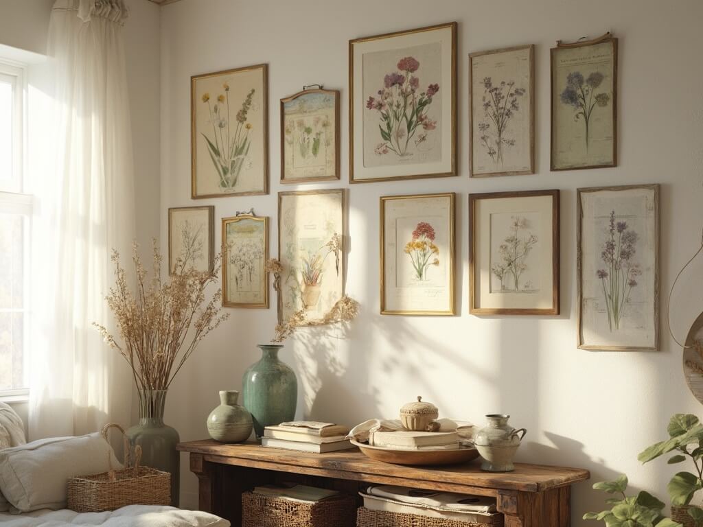 "Vintage botanical gallery on whitewashed farmhouse walls, golden sunlight filtering through linen curtains, with rustic oak table displaying vases of dried lavender and wheat."
