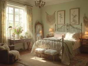 "Vintage cottagecore bedroom with sunlit floral curtains, wrought iron bed with quilts, antique pine nightstands, pressed botanical wall decor, reading nook with leather armchair, writing desk with dried flowers, and layered rugs."