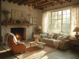 "Sun-drenched rustic farmhouse living room with distressed white walls, vintage furniture, and botanical decor, captured in golden hour lighting"