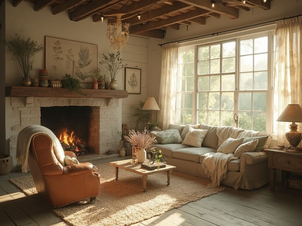 "Sun-drenched rustic farmhouse living room with distressed white walls, vintage furniture, and botanical decor, captured in golden hour lighting"