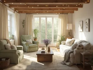 "A cottagecore inspired living room with sunlit countryside view, furnished with vintage accessories, plush furniture, botanical wall art, fairy lights, and potted herbs."
