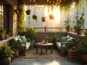 "Cozy urban balcony decorated with wooden furniture, greenery, and warm string lights at golden hour"