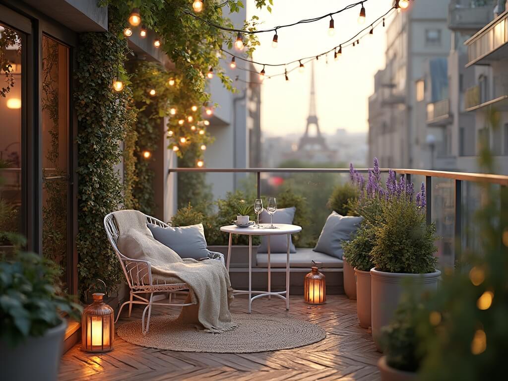 "Cozy urban balcony decorated with wooden furniture, greenery, and warm string lights at golden hour"