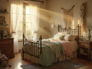 "Cottagecore bedroom with vintage decor, bursting with soft golden sunlight through French windows, featuring a wrought-iron bed, antique wooden dresser, and Persian rug on hardwood floors."