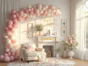 "Elegant Mother's Day celebration set up in a sunlit living room featuring blush pink balloon garland, vintage family photos, plush cream accent chair, fresh flowers and gold calligraphy banner"