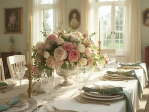 "Sunlit vintage dining room with elegant Mother's Day table setting featuring blush pink floral centerpiece, fine china, crystal stemware, and calligraphed name cards"