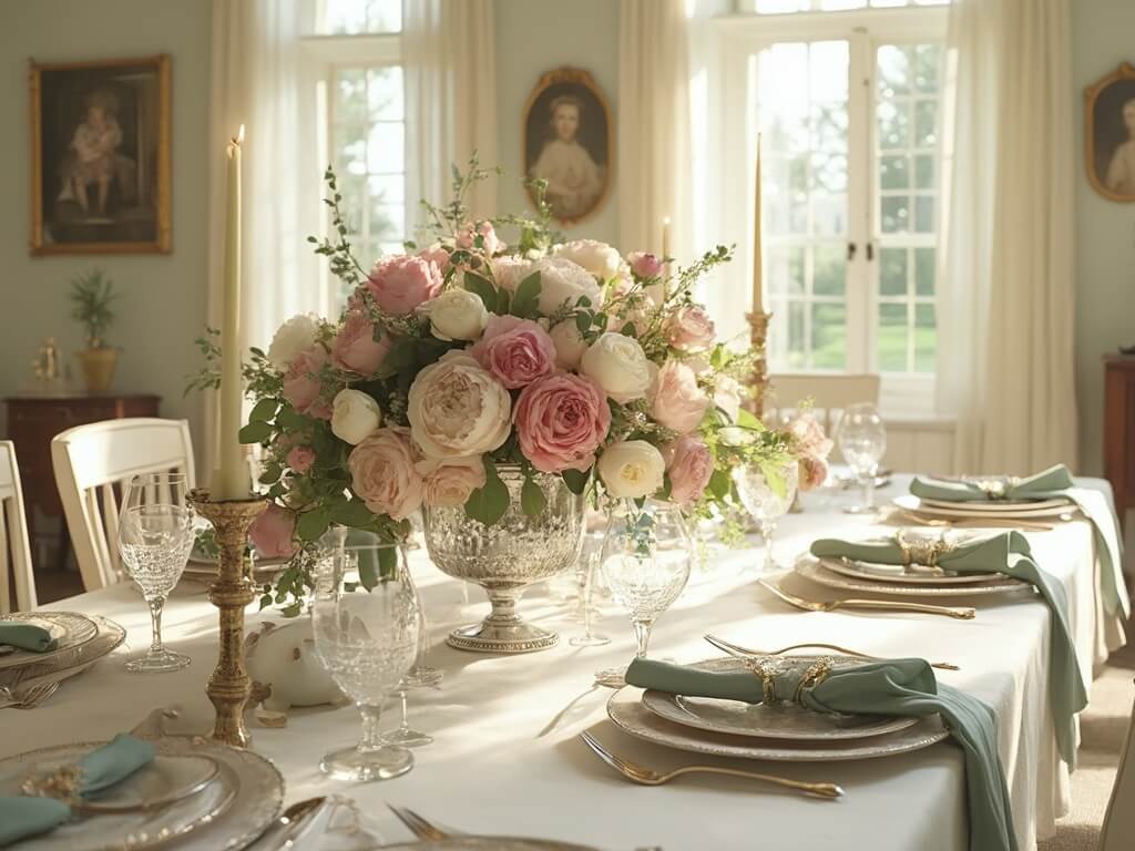 "Sunlit vintage dining room with elegant Mother's Day table setting featuring blush pink floral centerpiece, fine china, crystal stemware, and calligraphed name cards"