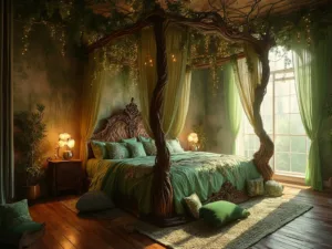 "Luxurious fantasy forest-themed bedroom at dawn with a grand canopy bed, fairy lights, hand-painted mural and natural wood accents"