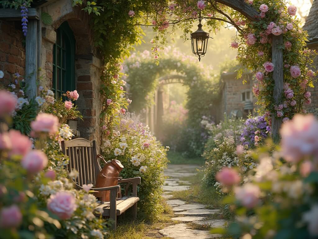 "Magical cottage garden basking in golden sunlight with a variety of English flowers, vintage watering can, and a rustic bench"