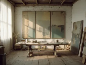 "Artist studio with textured wabi-sabi paintings, antique workbench with natural pigments and ceramic vessels, in an atmosphere illuminated by diffused morning light."
