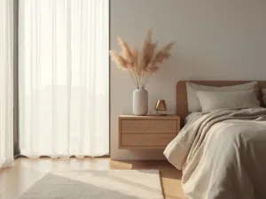 "Minimalist Japandi bedroom at dawn with oak nightstand, linen bedding, and muted color palette"