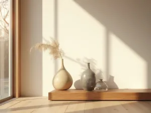 "Japandi vases on a walnut platform in a sunlit meditation corner with light oak flooring and minimalist white wall"